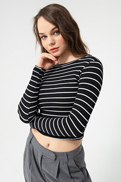 Lafaba Women's Black-ecru Ribbed Long Sleeve Crop Blouse