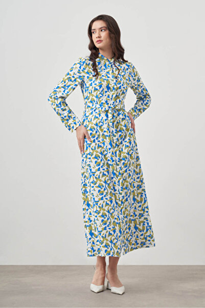 Mizalle Botanik Desenli Mix Tokalı Elbise