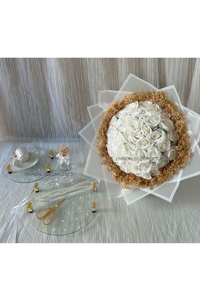 Genel Markalar 41'Li İnci Detay Kadife Gül Buketi, İncili Söz-Nişan Tepsi Set...