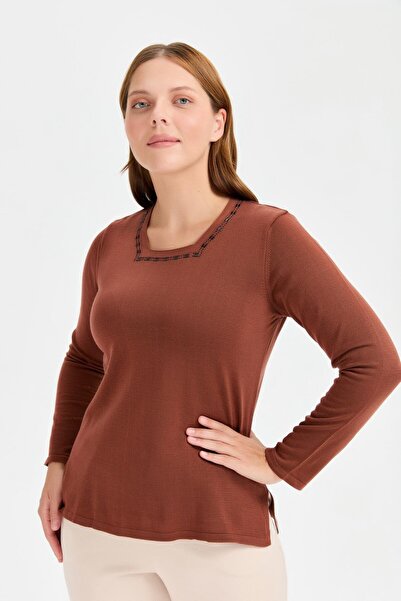 accort Büyük Beden Kare Yaka Taşlı Triko Bluz-KİREMİT