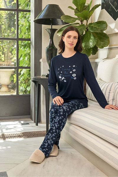 Aydoğan Ezgi Flexible Living The Dream Navy Blue Women's Pajama Set - 0636