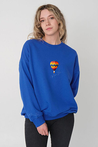 Uçan Renkli Balon Baskılı UNİSEX Oversize 0 Yaka Sweetshirt %100 Pamuk