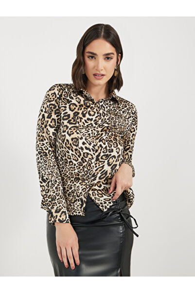 Styli Animal Print Satin Shirt with Tie Detail