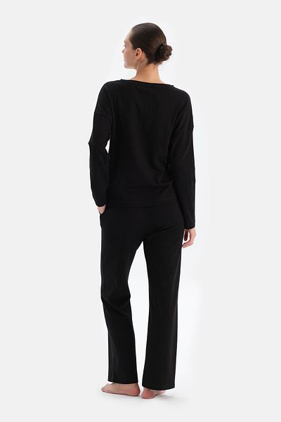 Dagi Black Crew Neck Off-Shoulder Cellıant Pajama Set
