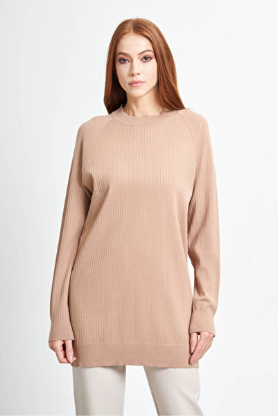 Mizalle Fitilli O Yaka Camel Triko