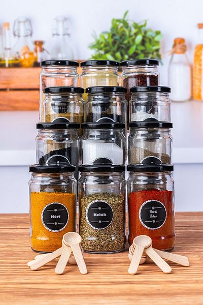 KRM HOME Metal Lid with 12 Wooden Spoons 320ml Glass Spice Rack, Set of 12 Spices, with Label Gift