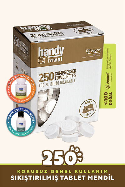 HandyTowel Bebek & Genel Kullanıma %100 Doğal Sıkıştırılmış Tablet Mendil 250 Adet