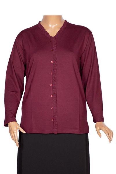 Pıtırcık Cimariva Burgundy Blouse - Country Plus Size, Ruffled V-Neck