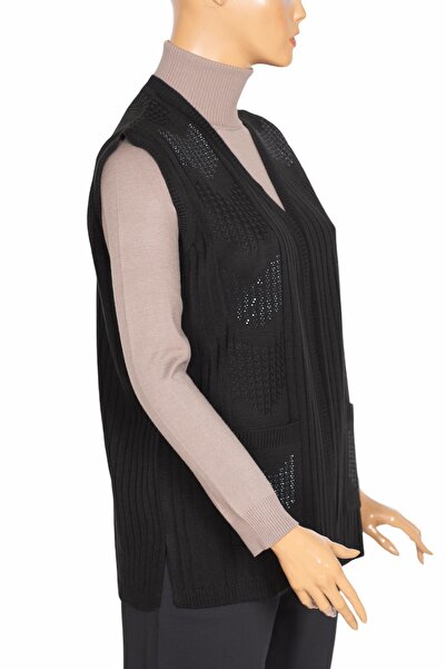 HESNA Women's Nida Shoulder Pocket Stoned Corded Knitwear Black Vest