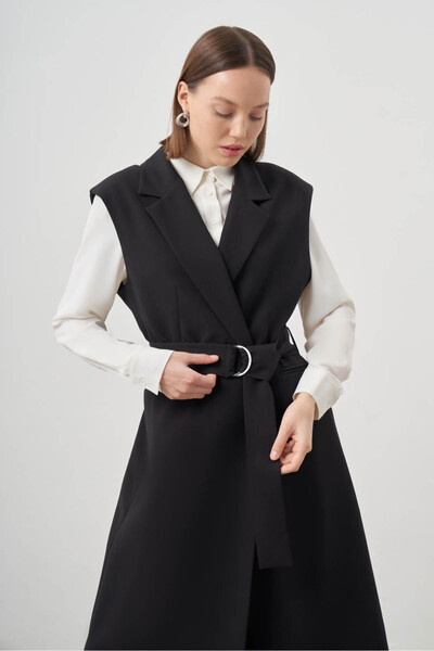 Mizalle Double Long Black Vest with Buckle