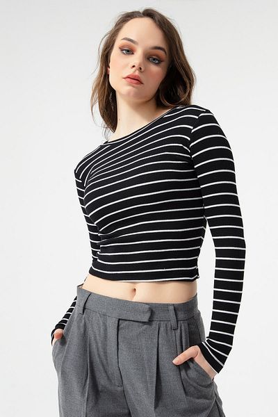 Lafaba Női fekete-ekrü bordás hosszú ujjú Crop blúz