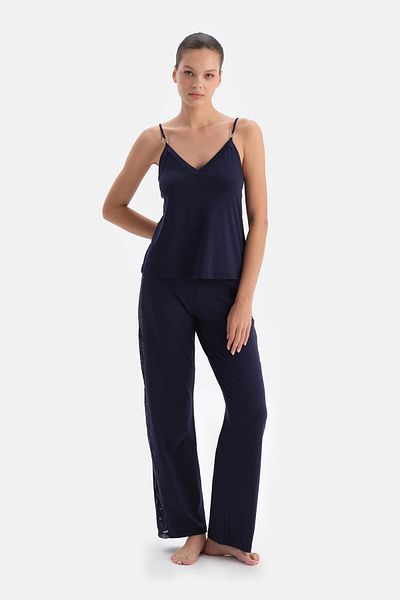Dagi Navy Blue Side Lace Detailed Trousers