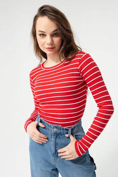 Lafaba Női, vörös-ekrü bordás hosszú ujjú Crop blúz