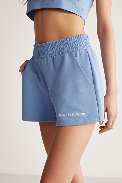 GRIMELANGE Carrol Kadın Rahat Kesim Nakış Işlemeli Beli Lastikli Cepli Mavi Şort