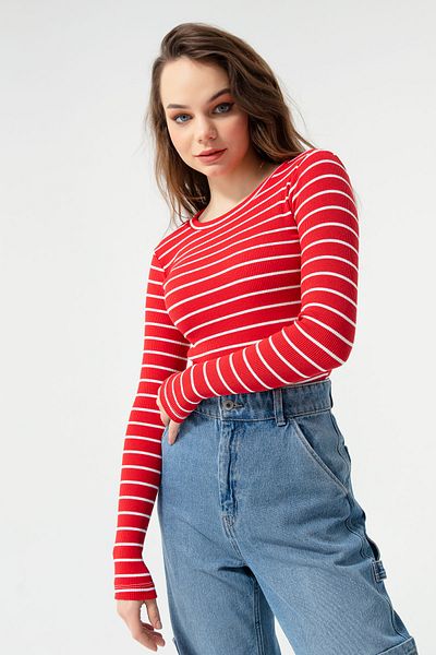 Lafaba Női, vörös-ekrü bordás hosszú ujjú Crop blúz