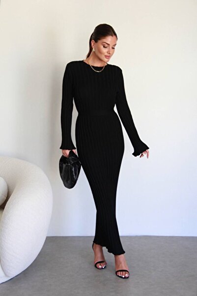 Butik Siyah Kuşaklı Ispanyol Kol Fitilli Triko Elbise Tesettür Elbise-abiye E...