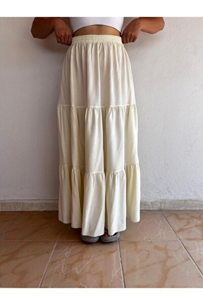 IMREGYM Women's Ecru Long Pleated Skirt Extra Comfortable Extra Stylish Ecru Long Lined Skirt