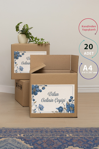 Azresa Çeyiz Kutusu Etiketi 20'li Mavi Çiçekli Etiket