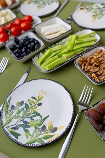Flora 14 Parça 6 Kişilik Seramik Kahvaltı Takımı Zeytin Desenli Yuvarlak Kahvaltı Seti