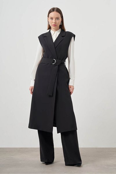 Mizalle Double Long Black Vest with Buckle