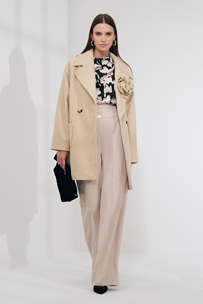 EXPLOSION Dokulu Çiçek Broşlu  Kruvaze Kaban