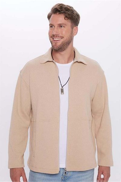 Tudors Unisex Relax Fit Χαλαρή κοπή Πλεκτό με φερμουάρ διπλή τσέπη μπεζ χειμωνιάτικο πουκάμισο