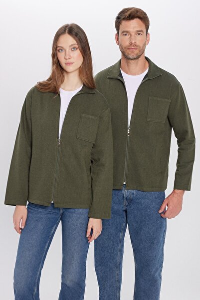 Tudors Men's Relax Fit Relax Cut Zippered Pocket Winter Khaki Stand Collar Jacket Shirt