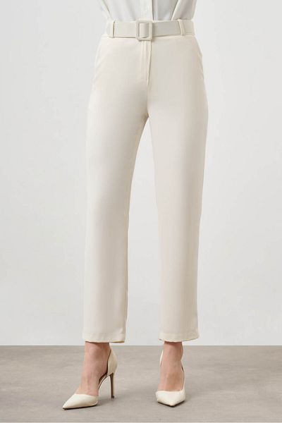 Mizalle Ready-Made Belted Ecru Trousers