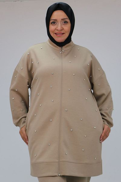Eslina 47070 Σετ παντελόνι Osyho Plus Size Mink - Λεπτομέρεια από πέτρα
