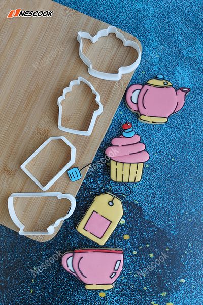 nescook 4-Piece Teapot Cup T-bag Tea Muffin Cupcake Cookie Mold Shaper Cutter Set