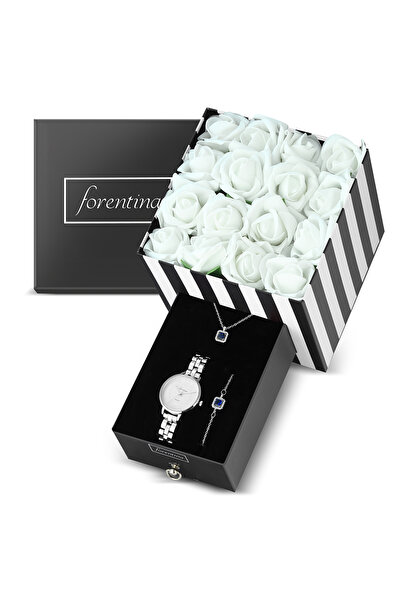 Forentina Beyaz Yapay Güllü Kutuda Lacivert Taşlı Baget Kolye Bileklik Saat H...