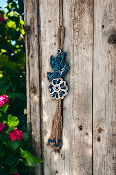 Revard Home Nazar Boncuklu Seramik Kuş Desenli 5 Yapraklı Yonca Dekoratifli Çok Amaçlı Duvar Süs Eşyası 8X35 CM