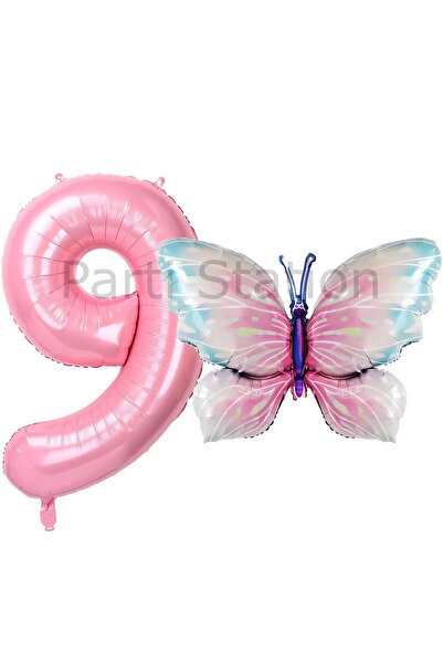 Parti Station Pembe Kelebek ve Pembe Rakam Balon 9 Yaş Balon Set Kelebek Kons...