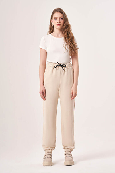 Mizalle Paça Lastikli Örme Ekru Pantolon
