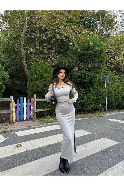 HARMONY GLOBAL Grey Madonna Collar Crop Blouse and Asymmetrical Slit Long Sleeve Skirt - 7152