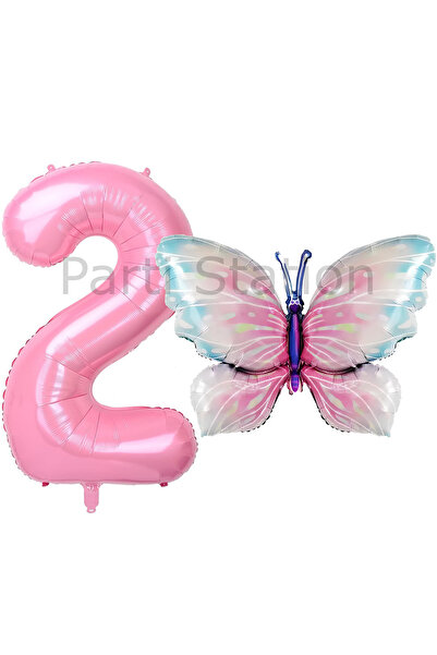 Parti Station Pembe Kelebek ve Pembe Rakam Balon 2 Yaş Balon Set Kelebek Kons...