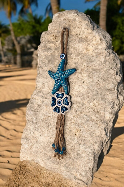 Revard Home Nazar Boncuklu Seramik Deniz Yıldızı Desenli 5 Yapraklı Yonca Dekoratifli Çok Amaçlı Süs 9X35 CM