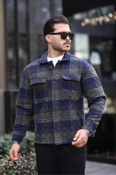 Miron Χακί Navy Blue καρό καπιτονέ Λεπτομερές μπουφάν κανονικής εφαρμογής-2454