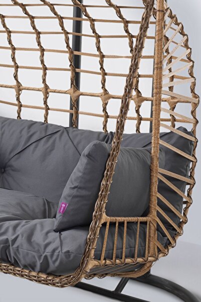 Canisa Lilyum Serisi Çift Kişilik Kahverengi Rattan Örgü Antrasit Minder Salıncak