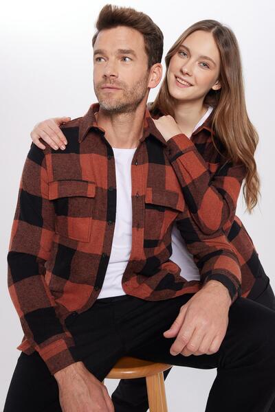Tudors Unisex Slim Fit Dar Kesim Oduncu Çift Cep Kapaklı Kareli Kışlık Gömlek