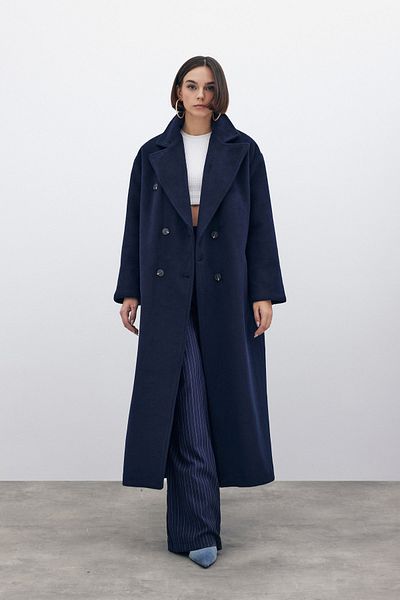 Sateen Double Breasted Long Coat - Dark Blue