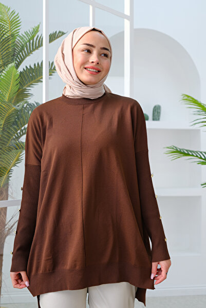 LOCCO Women's Cuffs Button Detailed Tunic Brown
