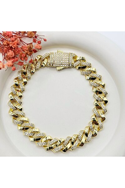 Swan Jewelry Gold Renk Kaplama Gurme Zincir Zirkon Taşlı Bilezik