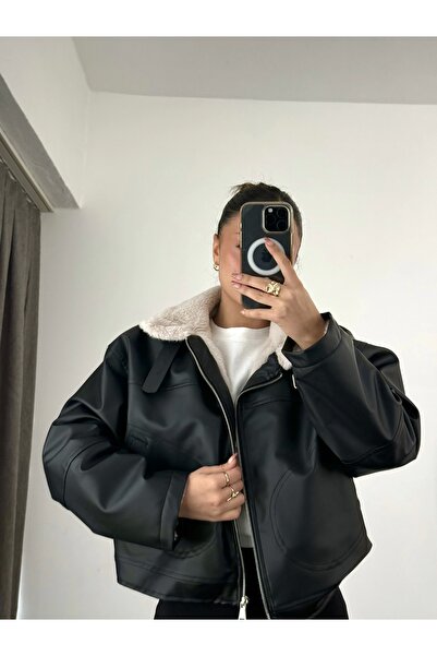 nona butik Kožený kabát Angel Fur - černý