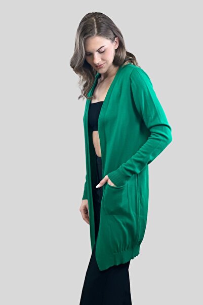 Miss Poem Women's Hijab Double Pocket Long Basic Green Knitwear Cardigan