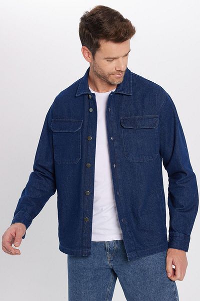Tudors Unisex Relax Fit Χαλαρή εφαρμογή Τζιν Τζιν με διπλές τσέπες Ναυτικό μπλουζάκι σε στυλ μπουφάν