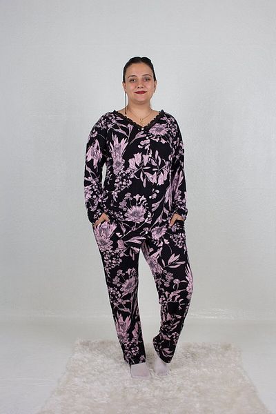 Truva XXL Plus Size Pajama Suit Buttoned Patterned Pajama Suit