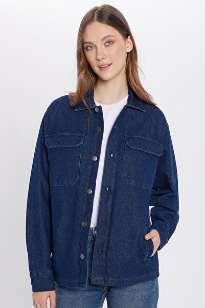Tudors Unisex Relax Fit Rahat Kesim Denim Kot Kapaklı Çift Cepli Lacivert Overshirt Ceket Tarzı Gömlek