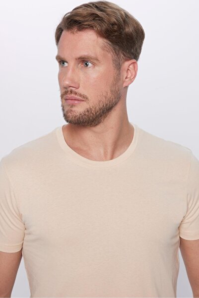 Tudors Unisex Slim Fit Dar Kesim %100 Pamuk Yumuşak Dokulu Krem Renk Bisiklet Yaka Tişört