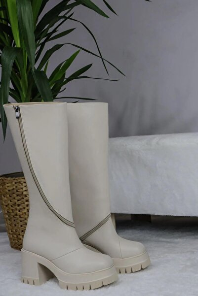 Preshley Γυναικείες μπότες Carina Cream Skin με περιστρεφόμενο φερμουάρ 8 εκ. Πλατφόρμα με τακούνι κάτω από το γόνατο